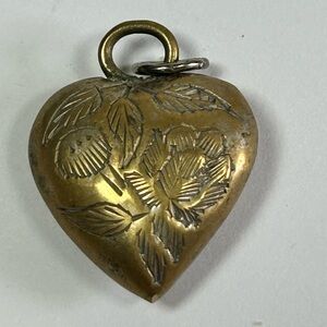 Vintage Solid Brass Reverse Etched Puffy Heavy Floral Heart Pendant Charm